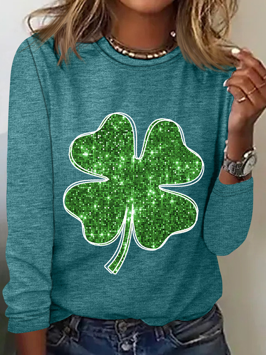 St. Patrick's Day Crew Neck Long Sleeve Four-leaf Clover Regular Medium Elasticity Loose Blouse For Women