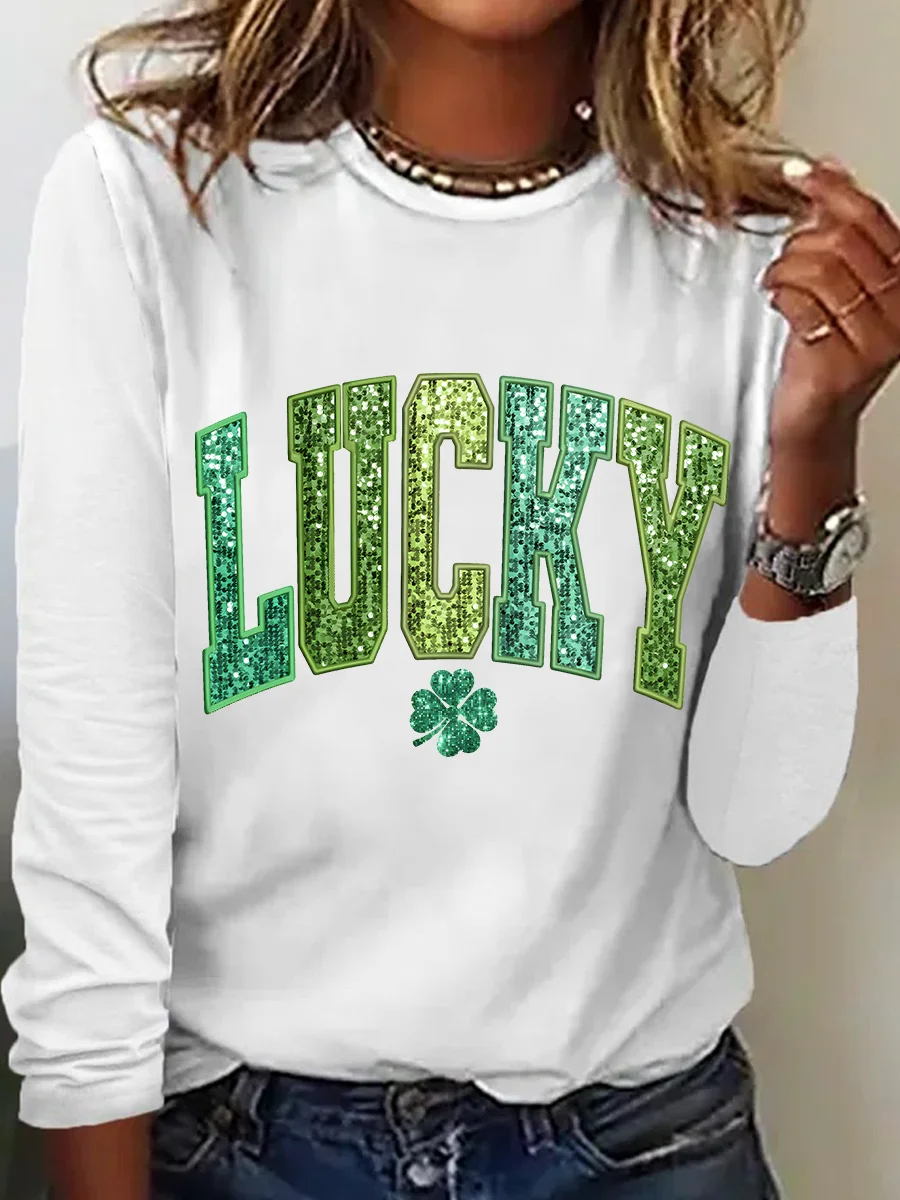 St. Patrick's Day Crew Neck Long Sleeve Text Letters Regular Medium Elasticity Loose Blouse For Women