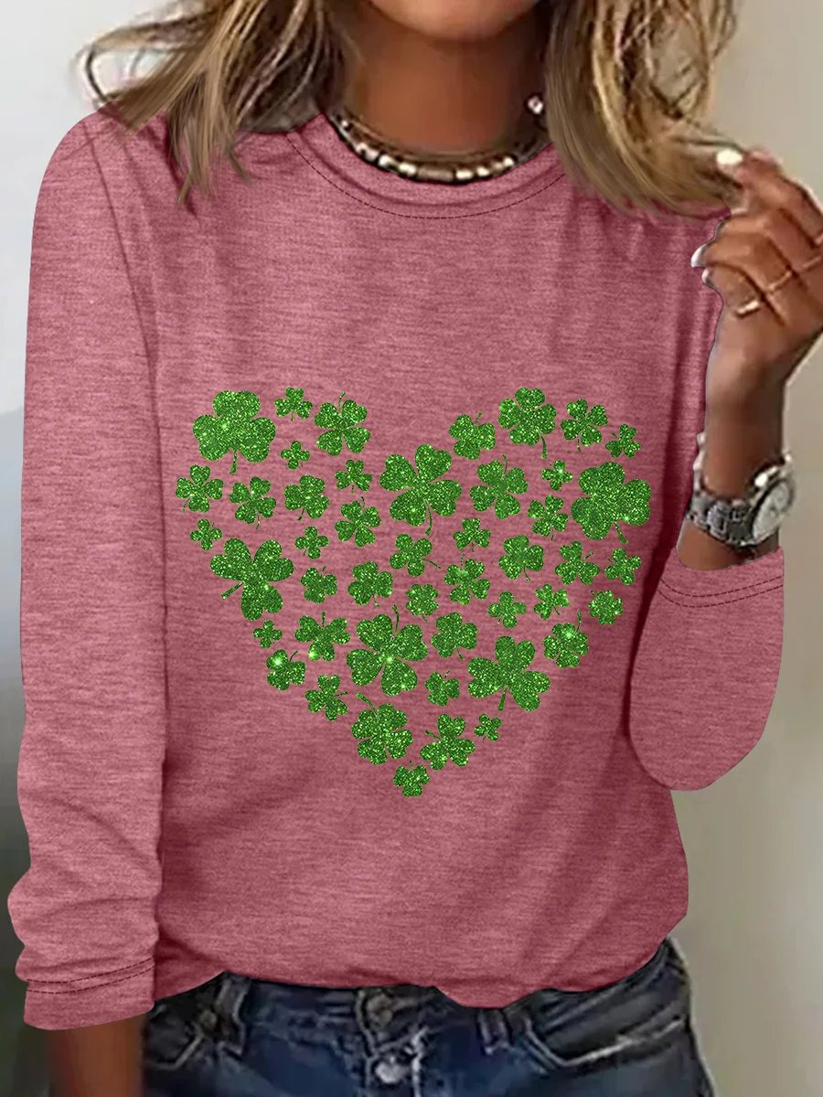 St. Patrick's Day Crew Neck Long Sleeve Heart/Cordate Regular Medium Elasticity Loose Blouse For Women