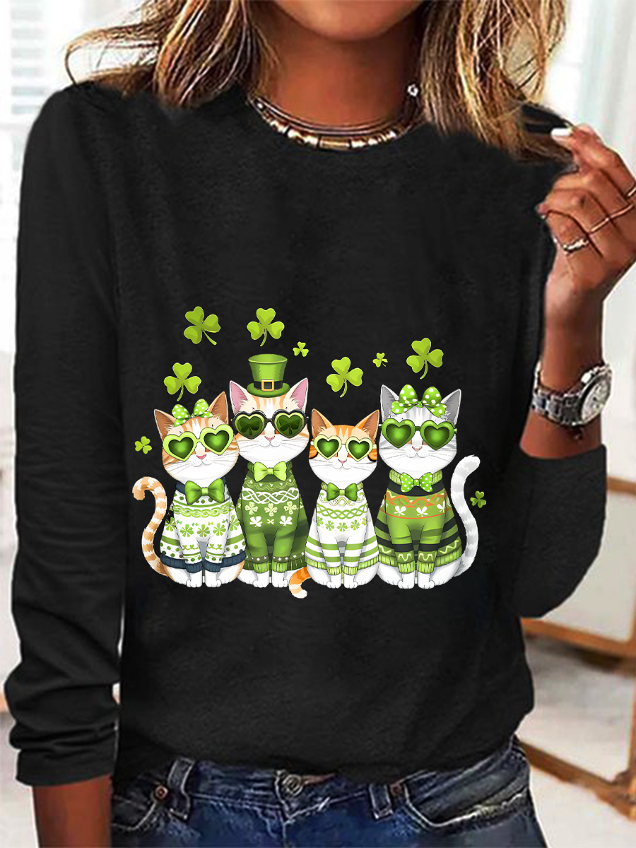 St. Patrick's Day Crew Neck Long Sleeve Cat Regular Medium Elasticity Loose Blouse For Women