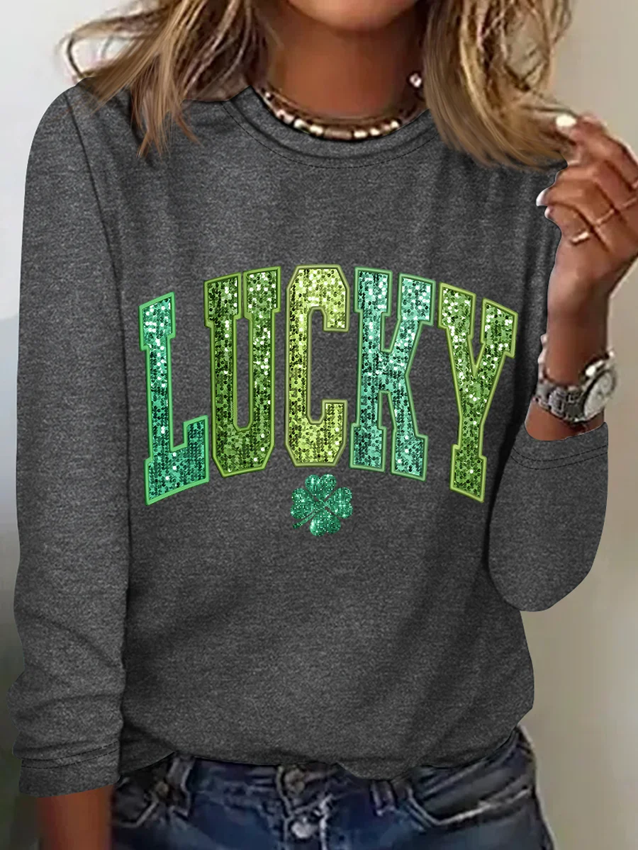 St. Patrick's Day Crew Neck Long Sleeve Text Letters Regular Medium Elasticity Loose Blouse For Women