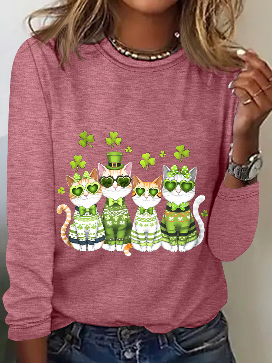 St. Patrick's Day Crew Neck Long Sleeve Cat Regular Medium Elasticity Loose Blouse For Women