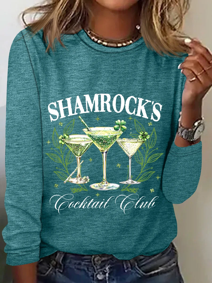 St. Patrick's Day Crew Neck Long Sleeve Text Letters Regular Medium Elasticity Loose Blouse For Women