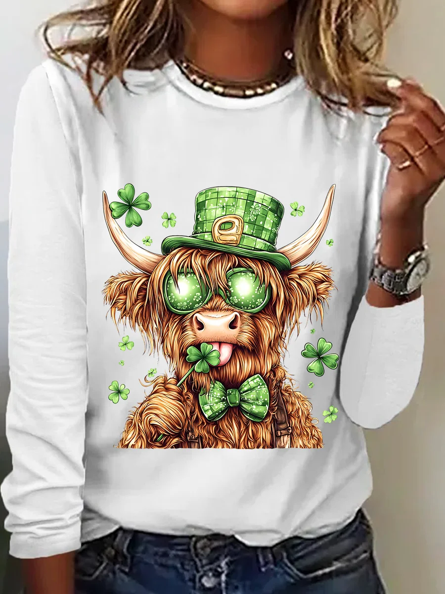 St. Patrick's Day Crew Neck Long Sleeve Cattle Regular Medium Elasticity Loose Blouse For Women