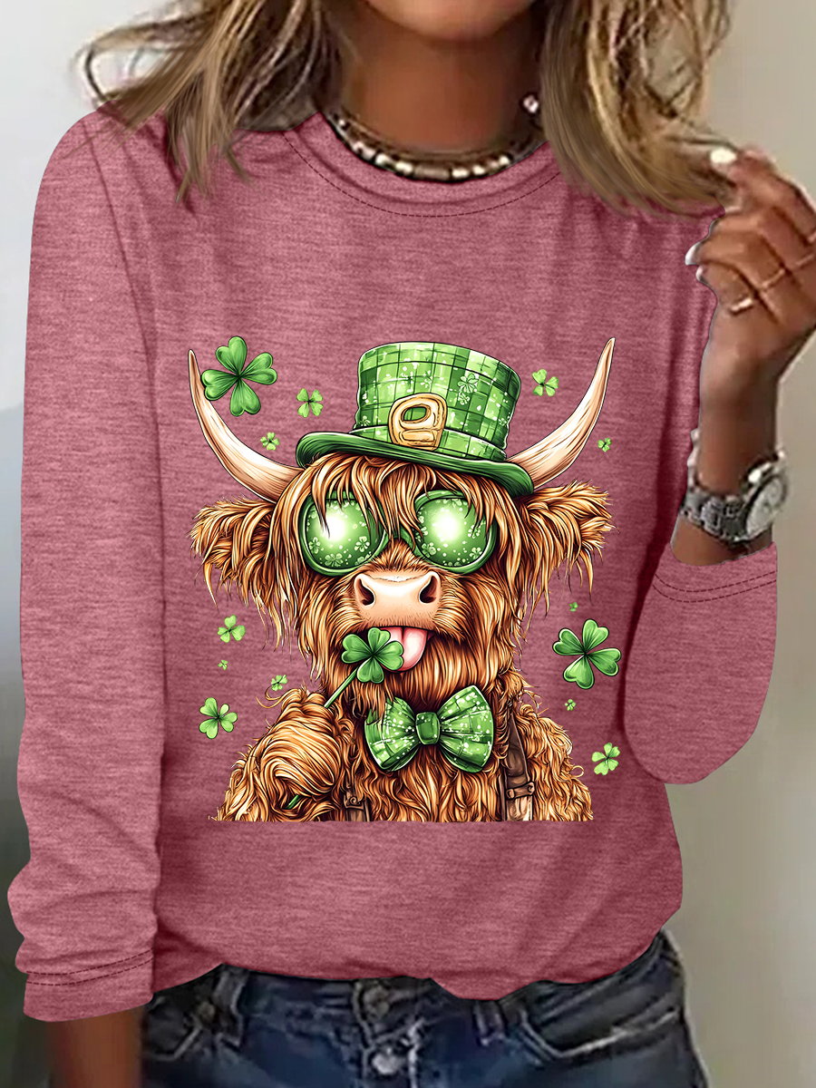 St. Patrick's Day Crew Neck Long Sleeve Cattle Regular Medium Elasticity Loose Blouse For Women