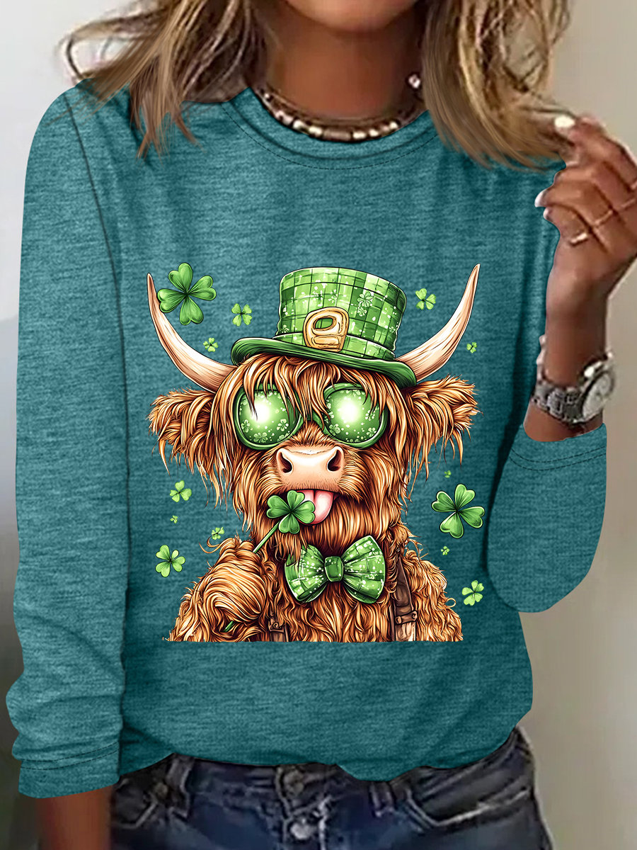 St. Patrick's Day Crew Neck Long Sleeve Cattle Regular Medium Elasticity Loose Blouse For Women