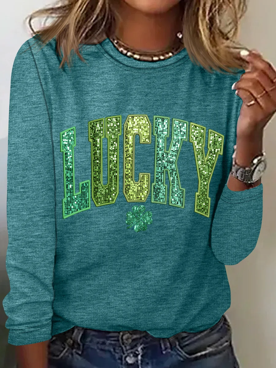 St. Patrick's Day Crew Neck Long Sleeve Text Letters Regular Medium Elasticity Loose Blouse For Women