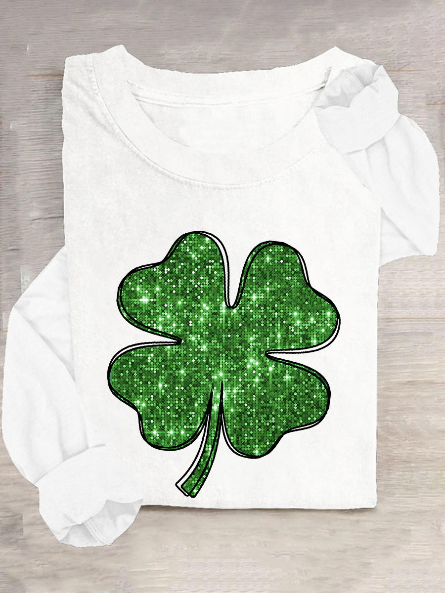 St. Patrick's Day Crew Neck Long Sleeve Four-leaf Clover Regular Medium Elasticity Loose Blouse For Women