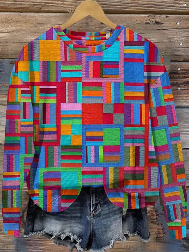 Casual Hoodie Colorful Geometric Plaid Hoodie