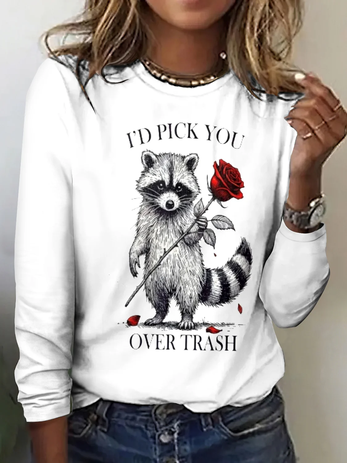 Vintage Cute Raccoon Crew Neck Long Sleeve T-shirt