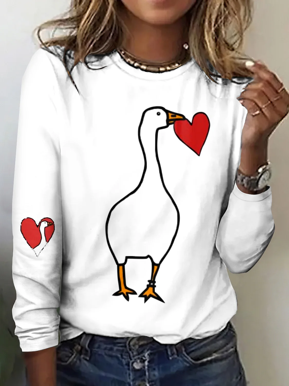 Casual Cute Goose Crew Neck Long Sleeve T-shirt