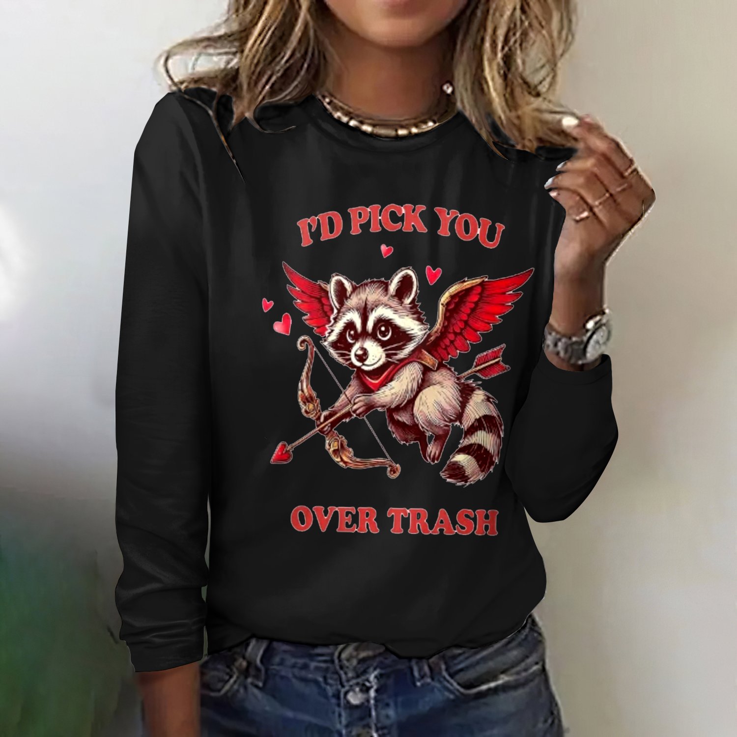 Vintage Cute Raccoon Crew Neck Long Sleeve T-shirt