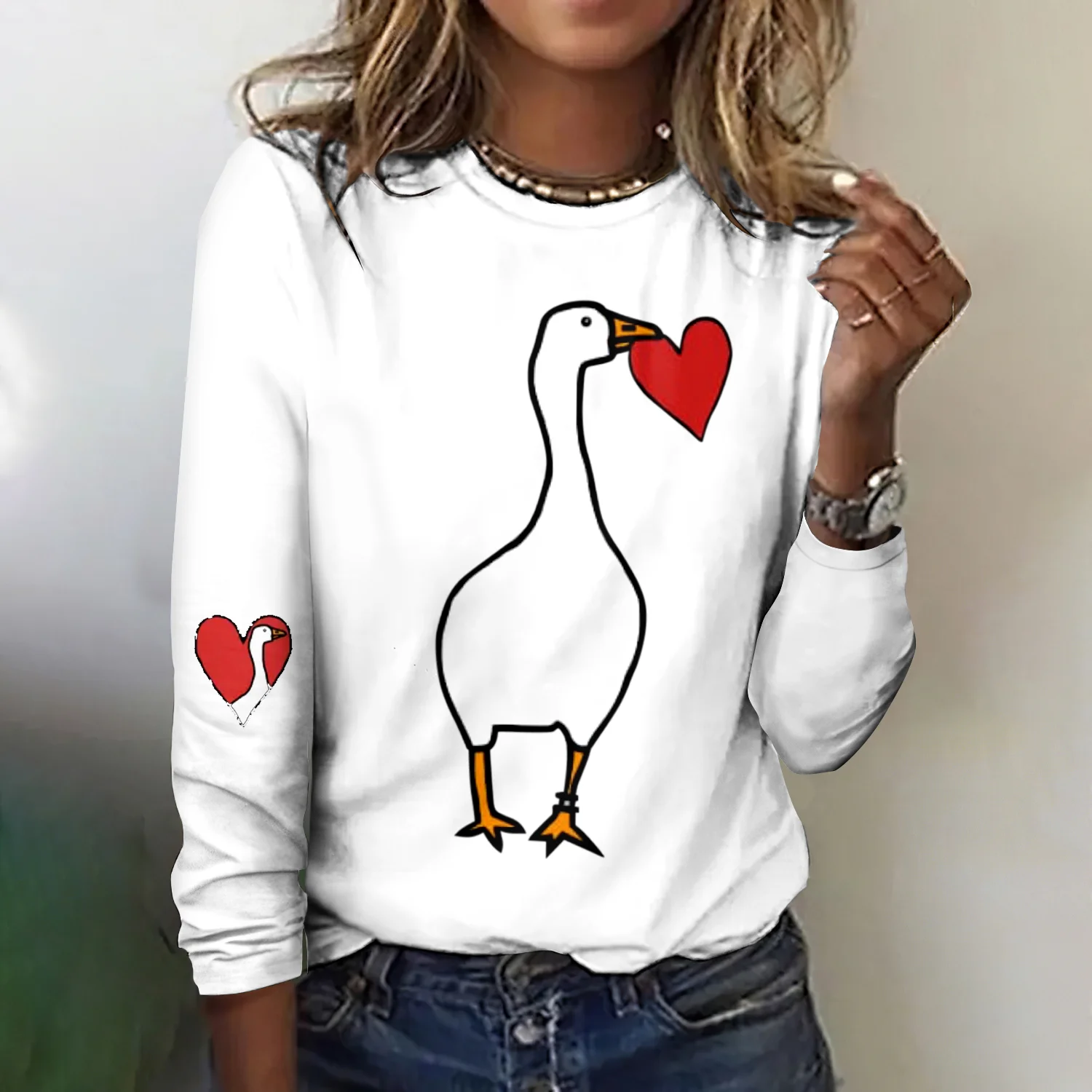 Casual Cute Goose Crew Neck Long Sleeve T-shirt