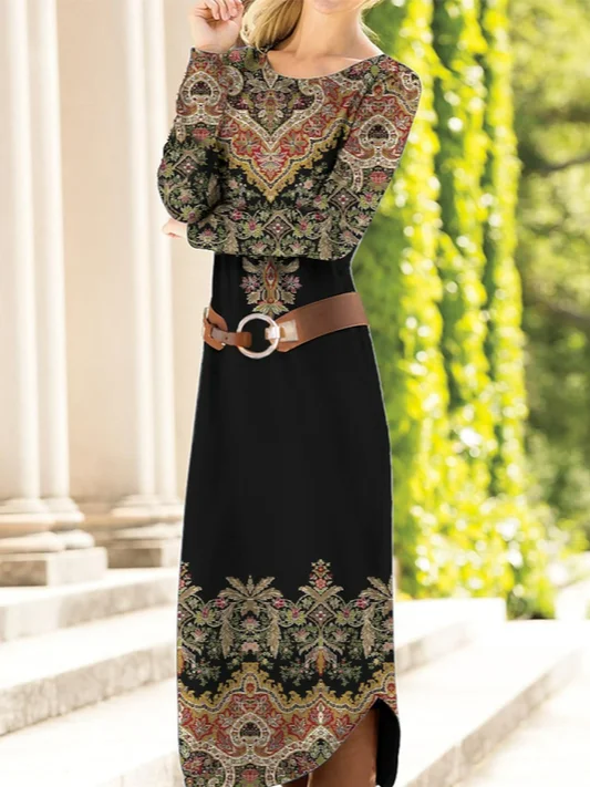 Women Ethnic Crew Neck Long Sleeve Comfy Vintage Maxi Dress