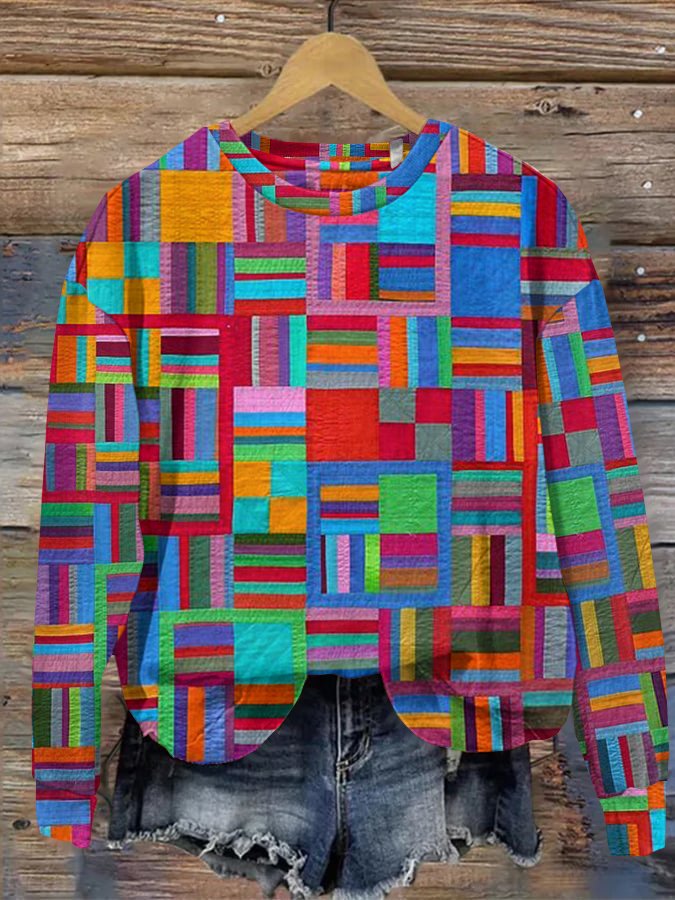 Casual Hoodie Colorful Geometric Plaid Hoodie