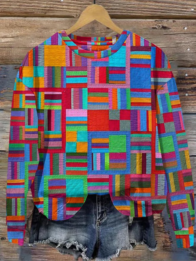 Casual Hoodie Colorful Geometric Plaid Hoodie