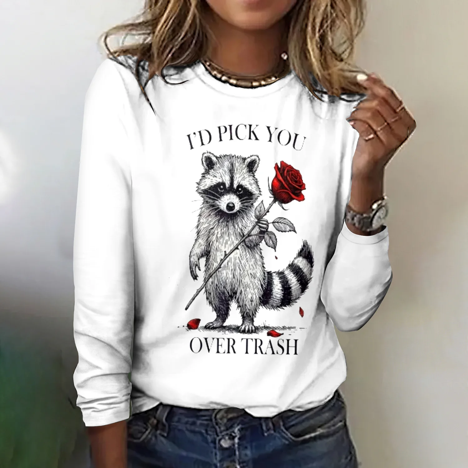 Vintage Cute Raccoon Crew Neck Long Sleeve T-shirt