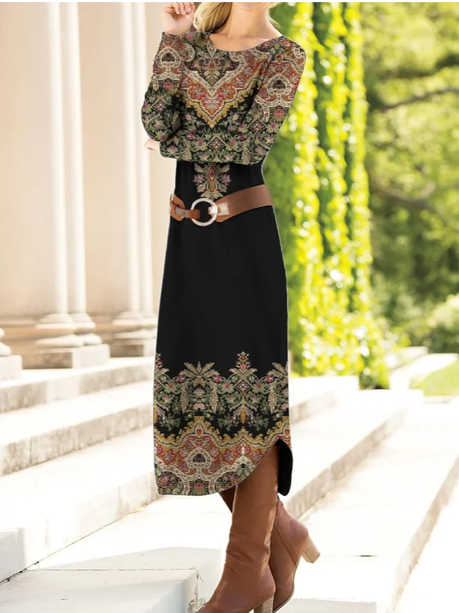 Women Ethnic Crew Neck Long Sleeve Comfy Vintage Maxi Dress