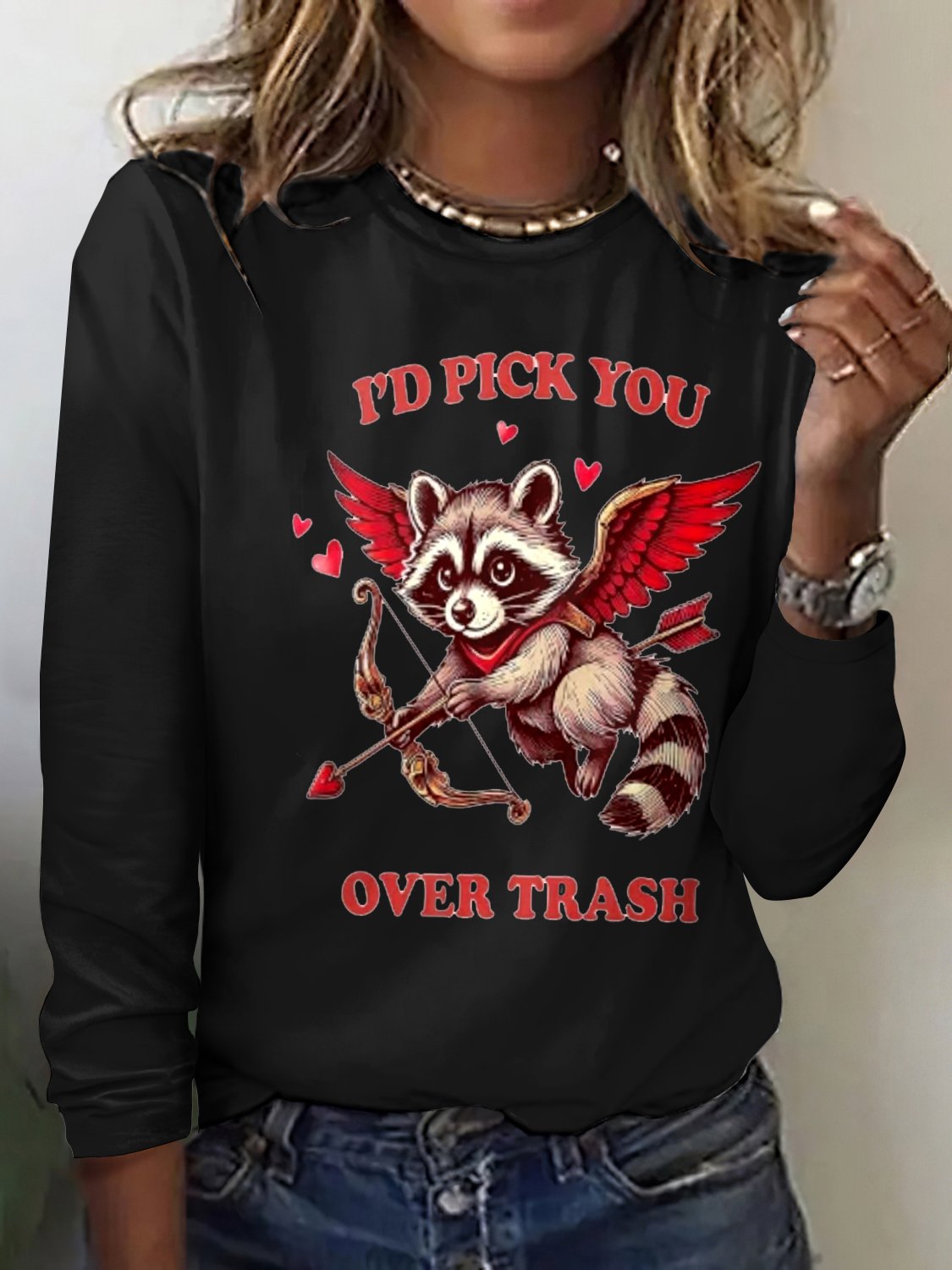 Vintage Cute Raccoon Crew Neck Long Sleeve T-shirt