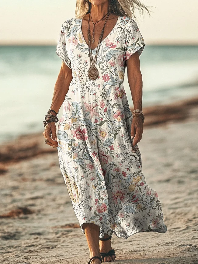 Women Floral V Neck Short Sleeve Comfy Casual Printing Maxi Dress