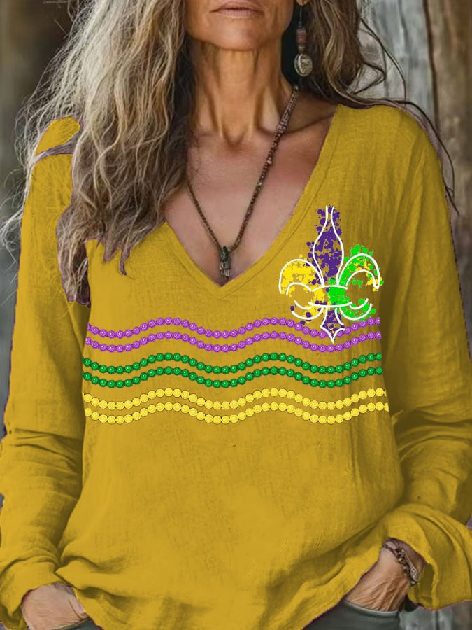 Mardi Gras Casual Striped V Neck Long Sleeve T-shirt