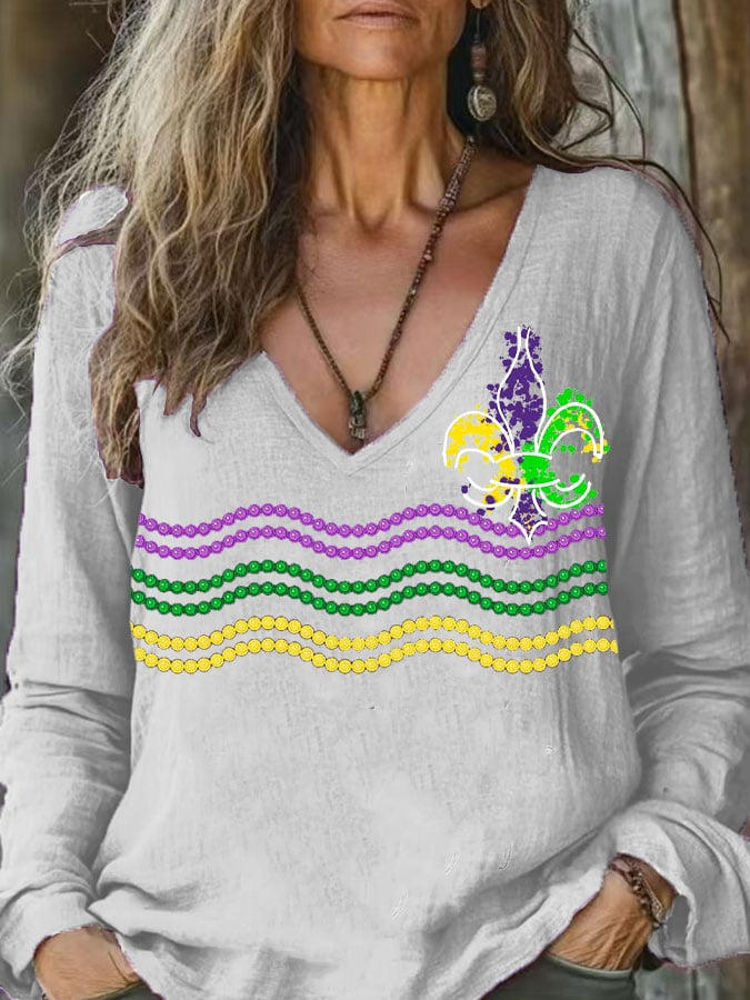 Mardi Gras Casual Striped V Neck Long Sleeve T-shirt