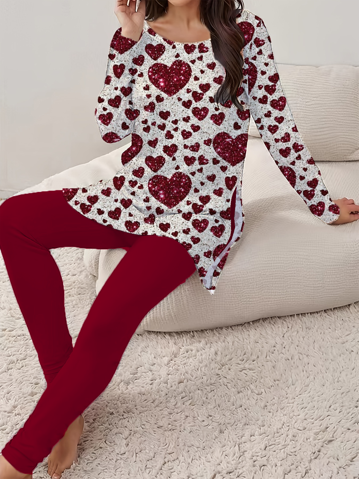 Women Heart/Cordate Crew Neck Long Sleeve Comfy Casual Printing Top With Pants Two-Piece Set