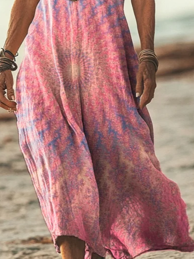 Women Tie Dye V Neck Short Sleeve Comfy Casual Printing Maxi Dress