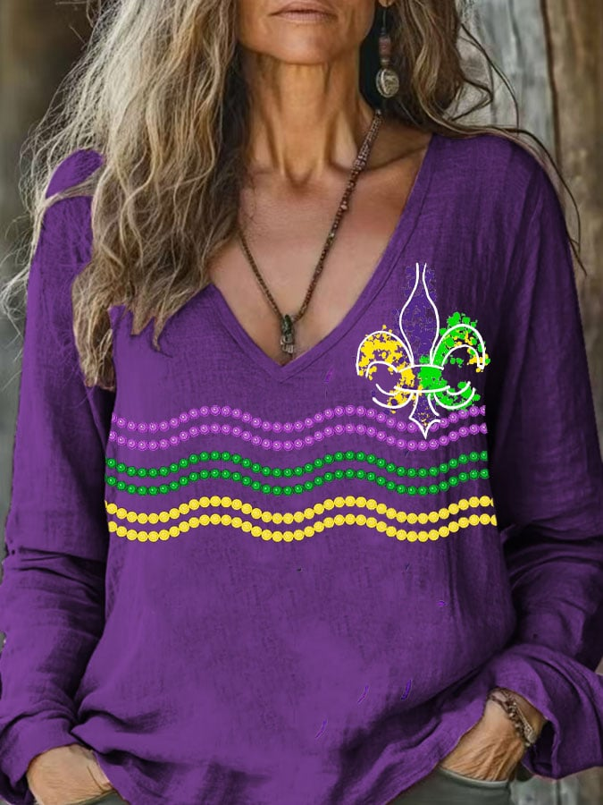 Mardi Gras Casual Striped V Neck Long Sleeve T-shirt