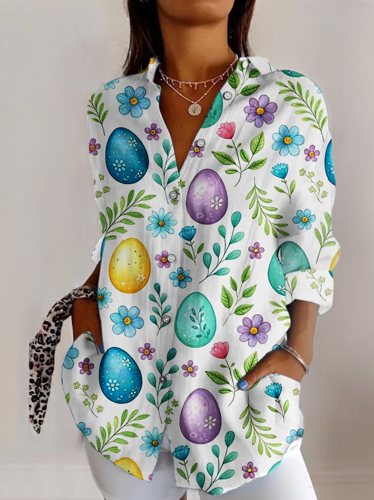 Shirt Collar Long Sleeve Easter Eggs Regular Fit Shirt For Women