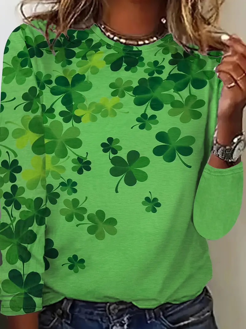 Casual Shamrock Crew Neck Long Sleeve T-shirt