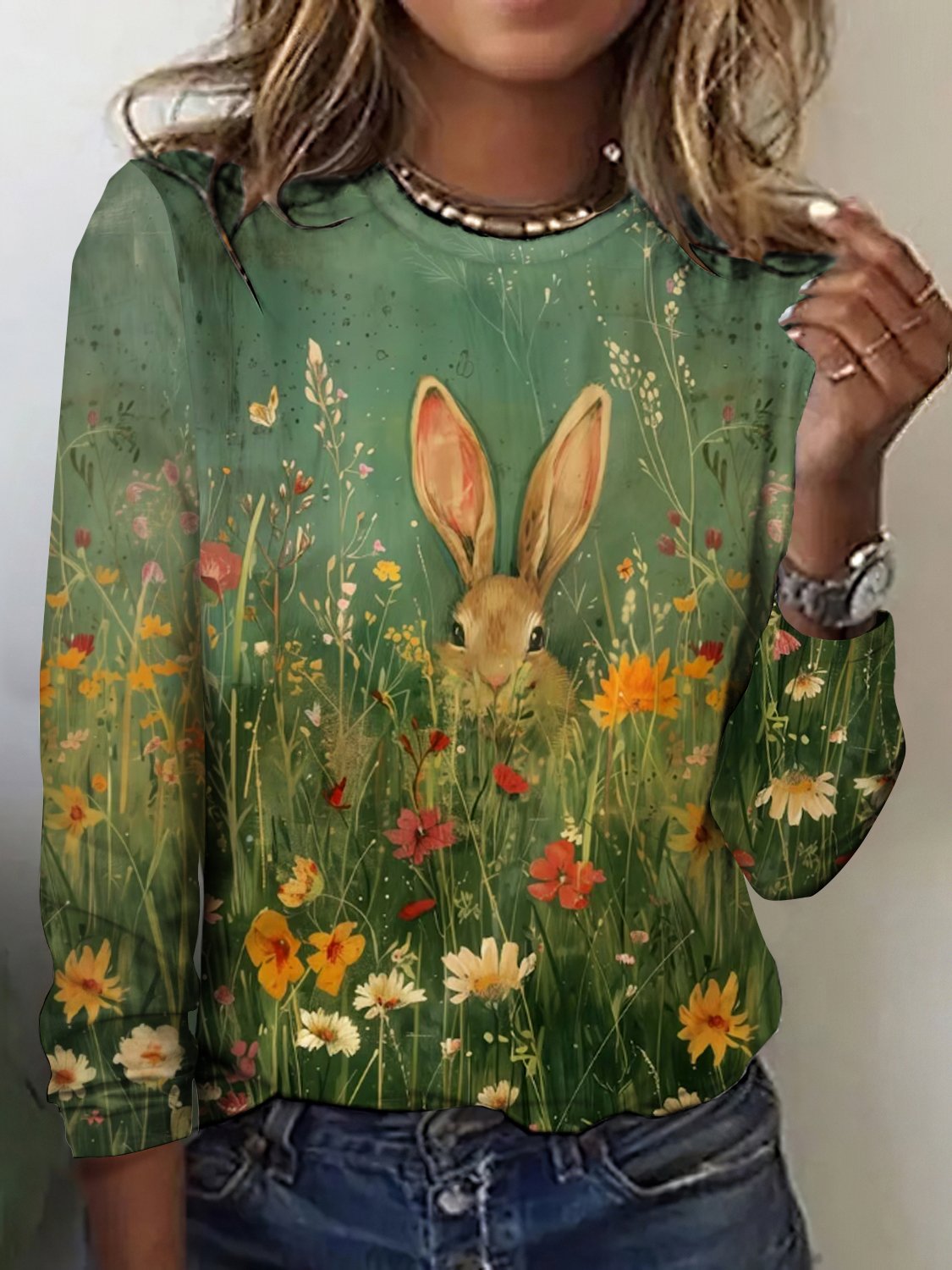 Vintage Easter Bunny Crew Neck Long Sleeve T-shirt