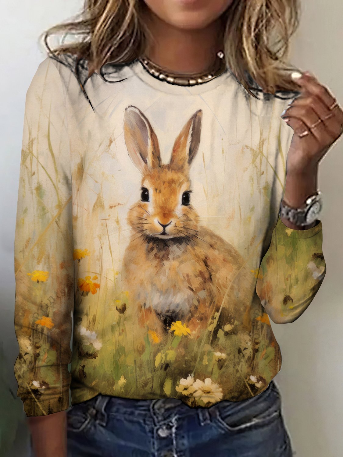 Vintage Easter Bunny Crew Neck Long Sleeve T-shirt