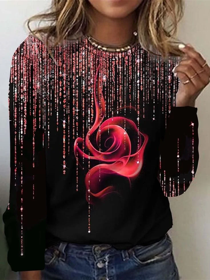 Casual Floral Crew Neck Long Sleeve T-shirt