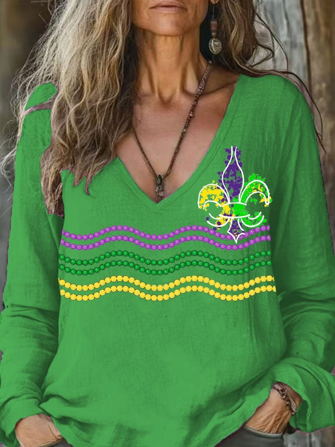 Mardi Gras Casual Striped V Neck Long Sleeve T-shirt