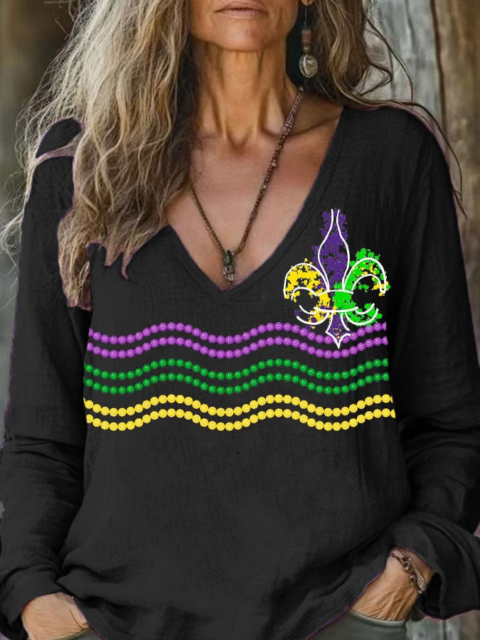 Mardi Gras Casual Striped V Neck Long Sleeve T-shirt