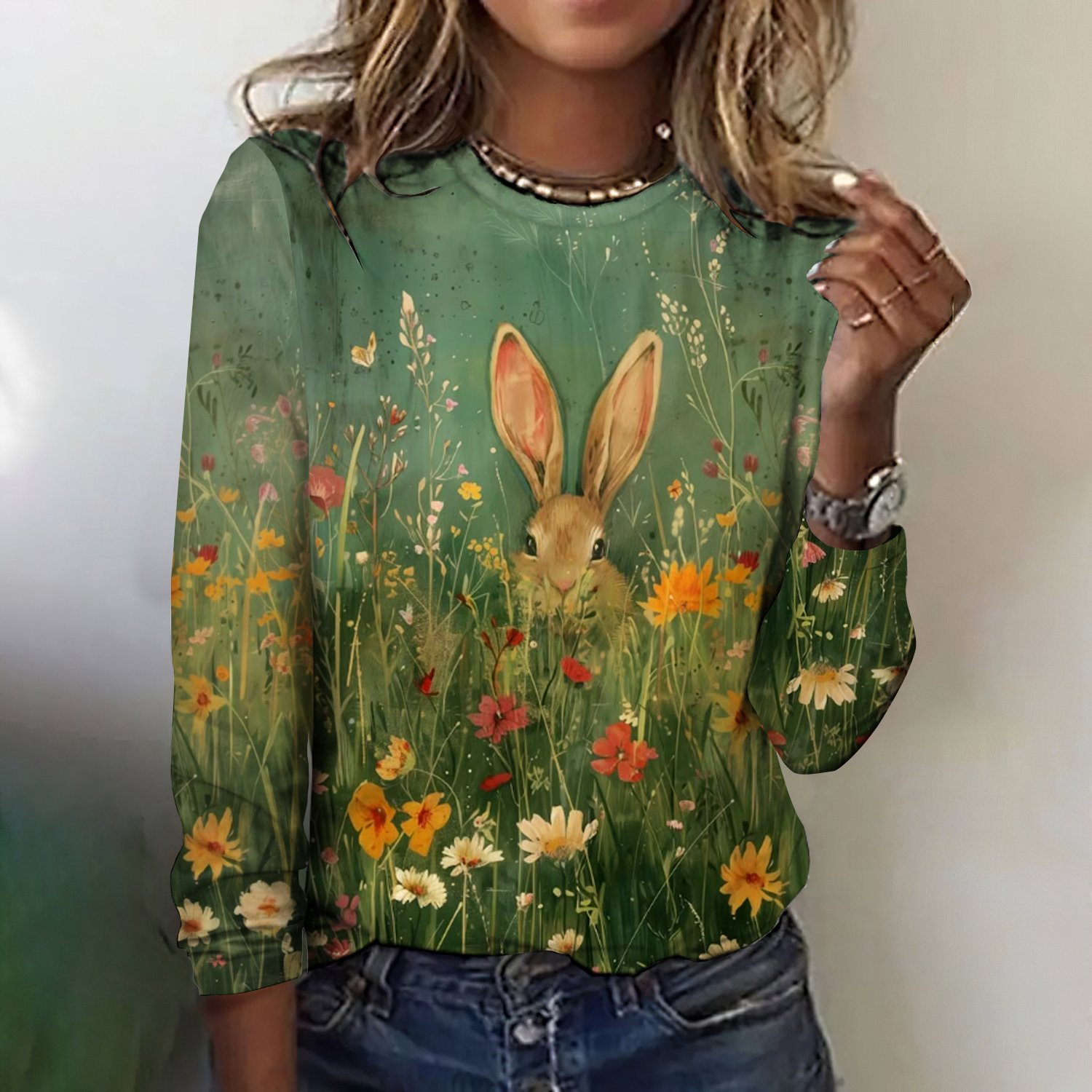 Vintage Easter Bunny Crew Neck Long Sleeve T-shirt