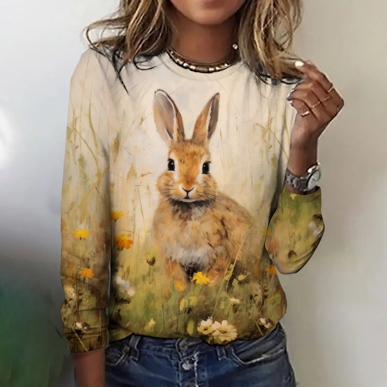 Vintage Easter Bunny Crew Neck Long Sleeve T-shirt