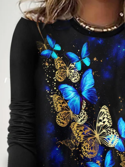 Casual Butterfly Crew Neck Long Sleeve T-shirt