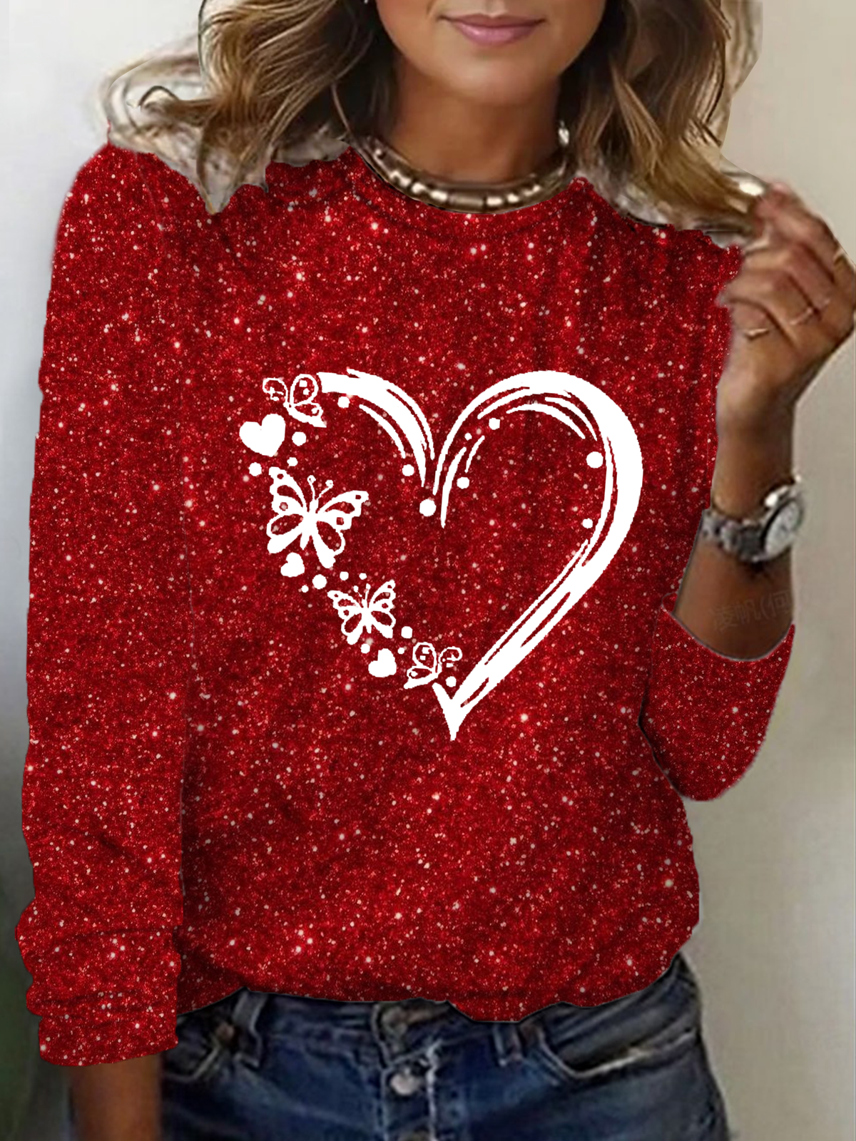 Casual Heart/Cordate Crew Neck Long Sleeve T-shirt