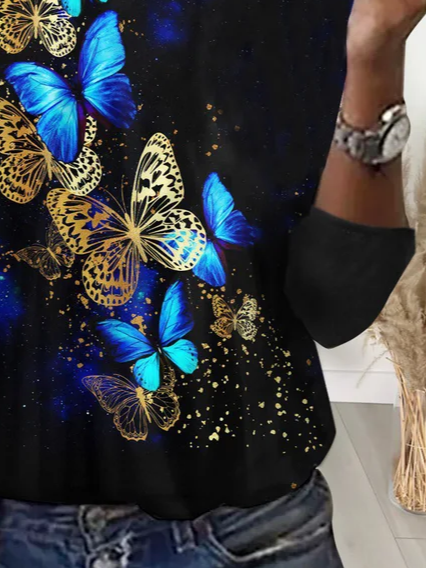 Casual Butterfly Crew Neck Long Sleeve T-shirt