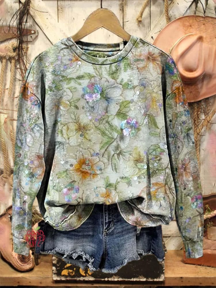 Casual Crew Neck Floral Sweatshirt Printing