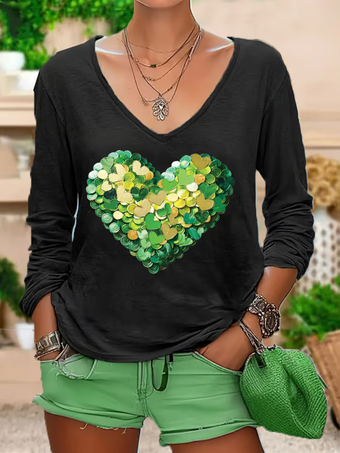 Casual Heart/Cordate V Neck Long Sleeve T-shirt