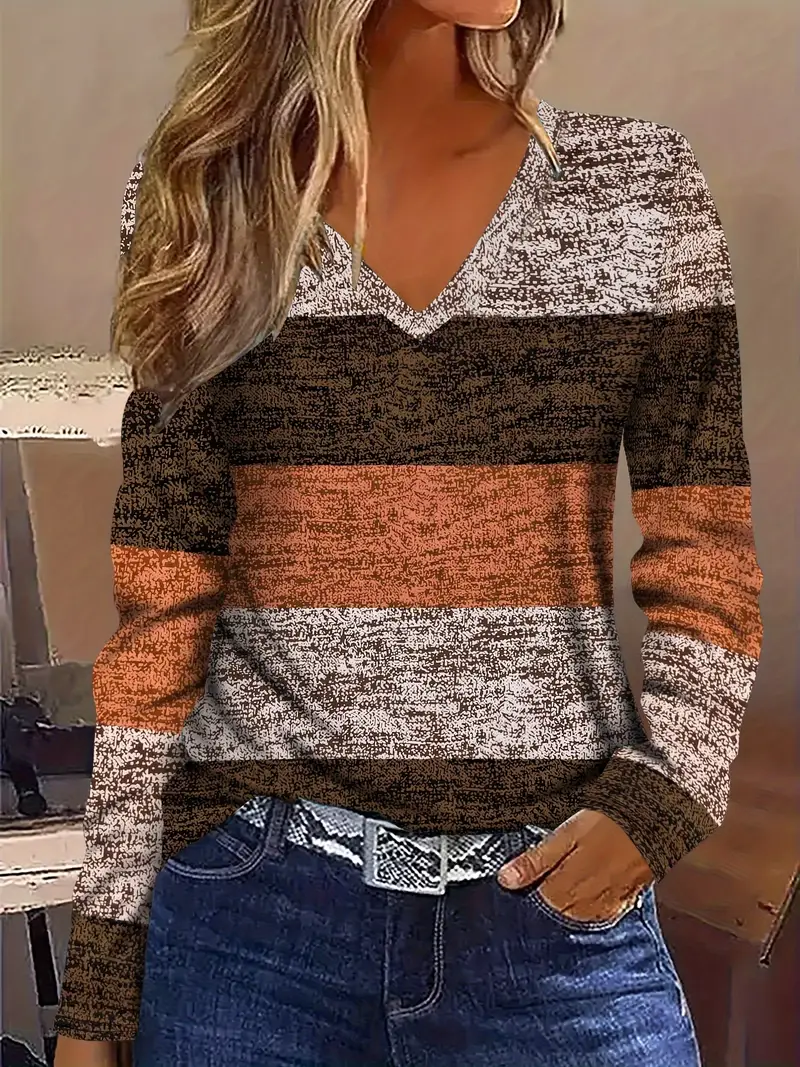 Casual Striped V Neck Long Sleeve T-shirt