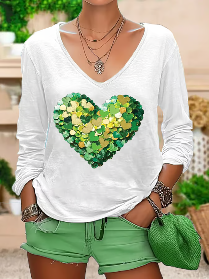 Casual Heart/Cordate V Neck Long Sleeve T-shirt