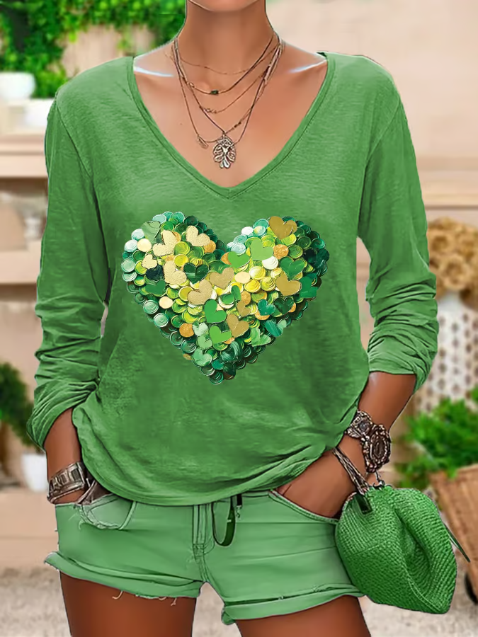 Casual Heart/Cordate V Neck Long Sleeve T-shirt