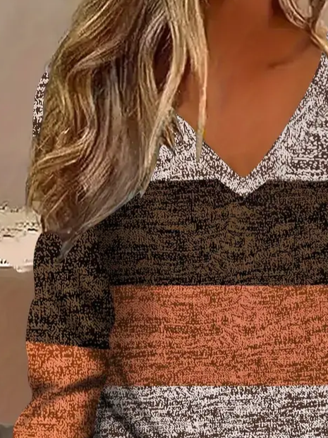 Casual Striped V Neck Long Sleeve T-shirt