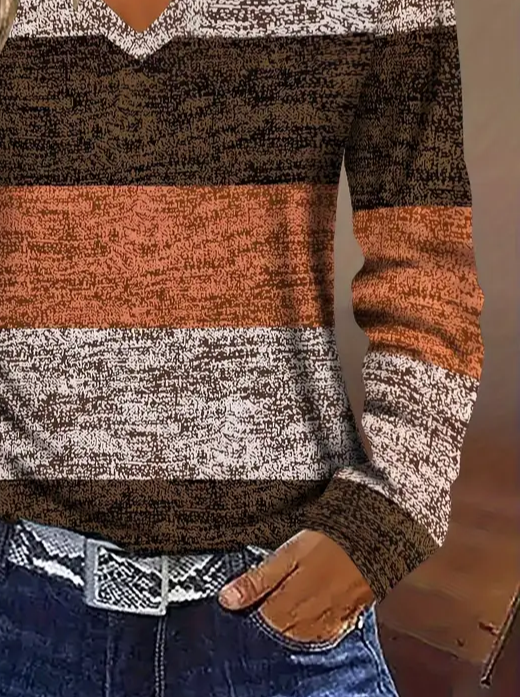 Casual Striped V Neck Long Sleeve T-shirt