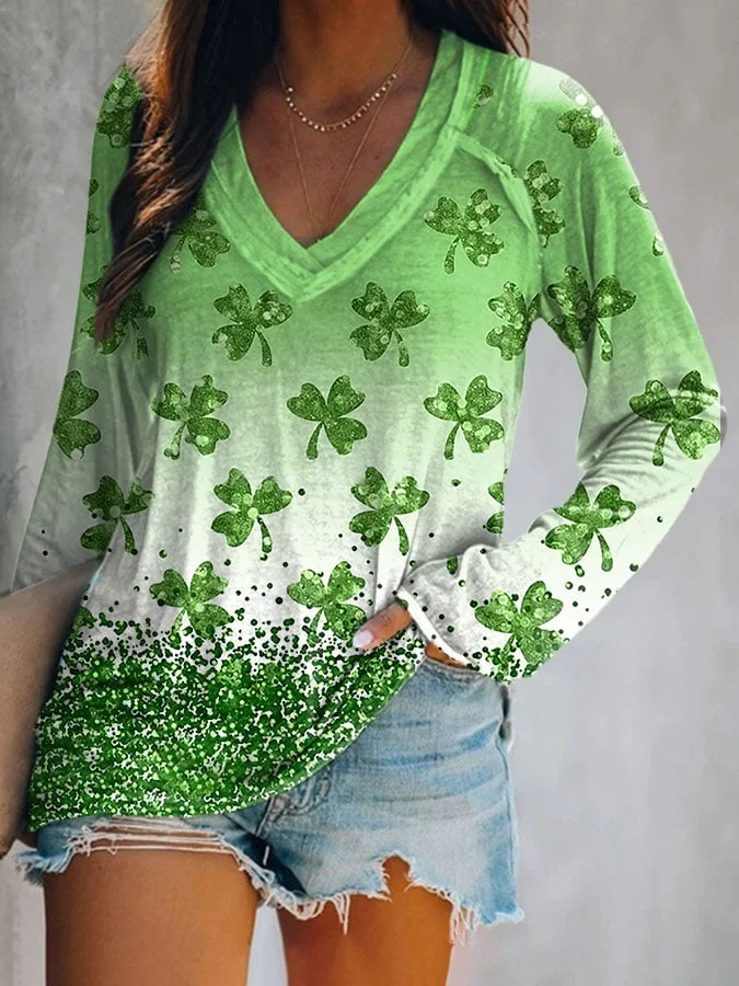 V Neck Long Sleeve Shamrock Printing Regular Micro-Elasticity Loose Graphic Tee Blouse For Women