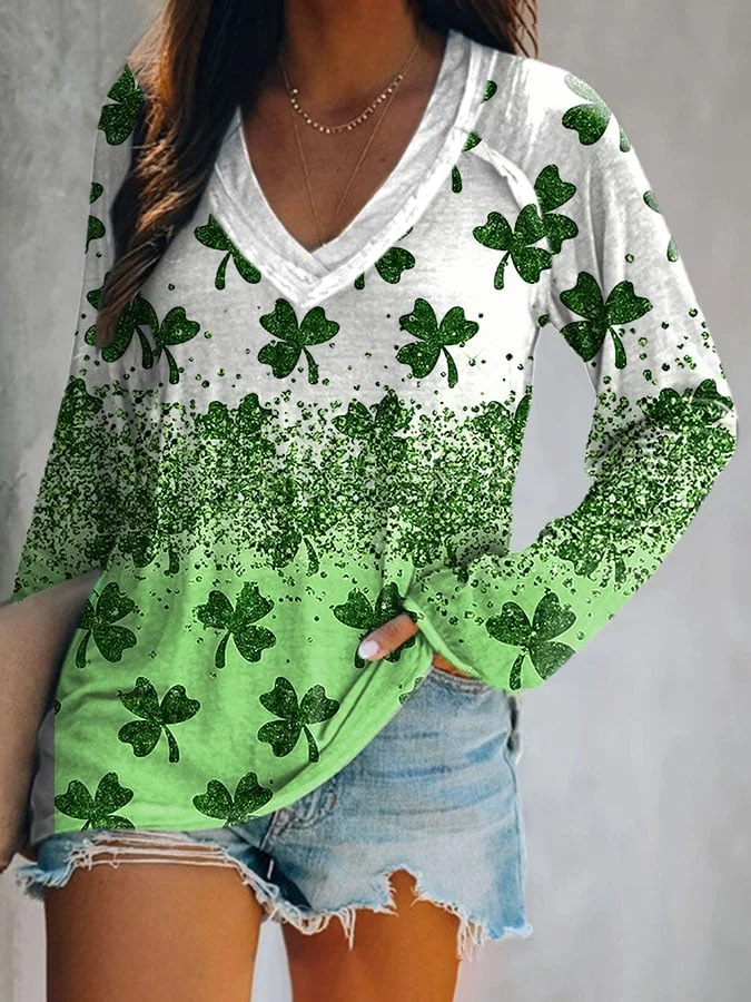 V Neck Long Sleeve Shamrock Printing Regular Micro-Elasticity Loose Graphic Tee Blouse For Women